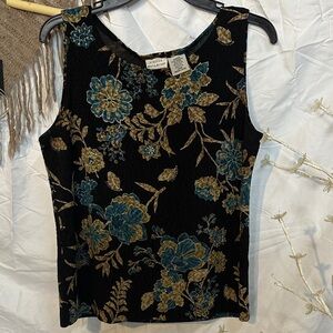 White Stag Black Floral Velvet Burnout Tank Top - Teal & Gold